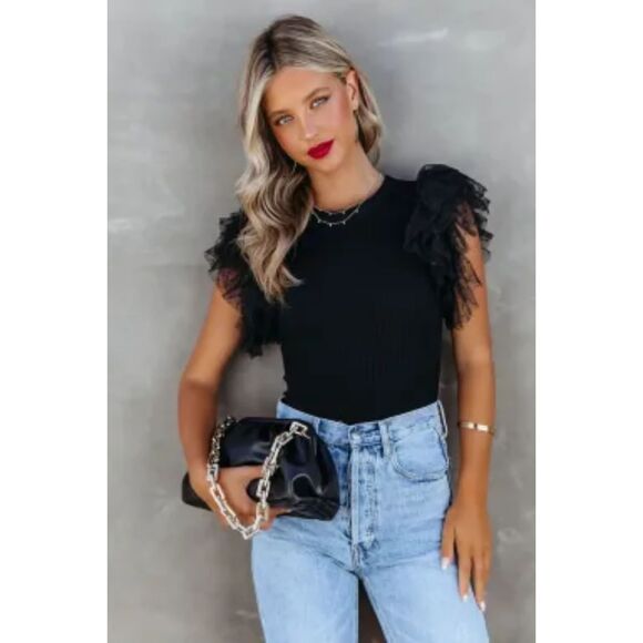 SHEWIN WOMEN BLACK DOTTY LAYERED RUFFLE SLEEVE CASUAL RIBBED KNIT TOP - Picture 3 of 4